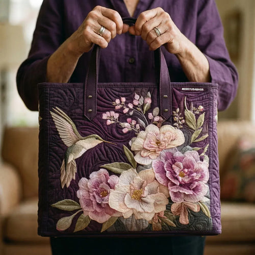 Artisan Quilted Bag in Violet with Hummingbirds and Orchids